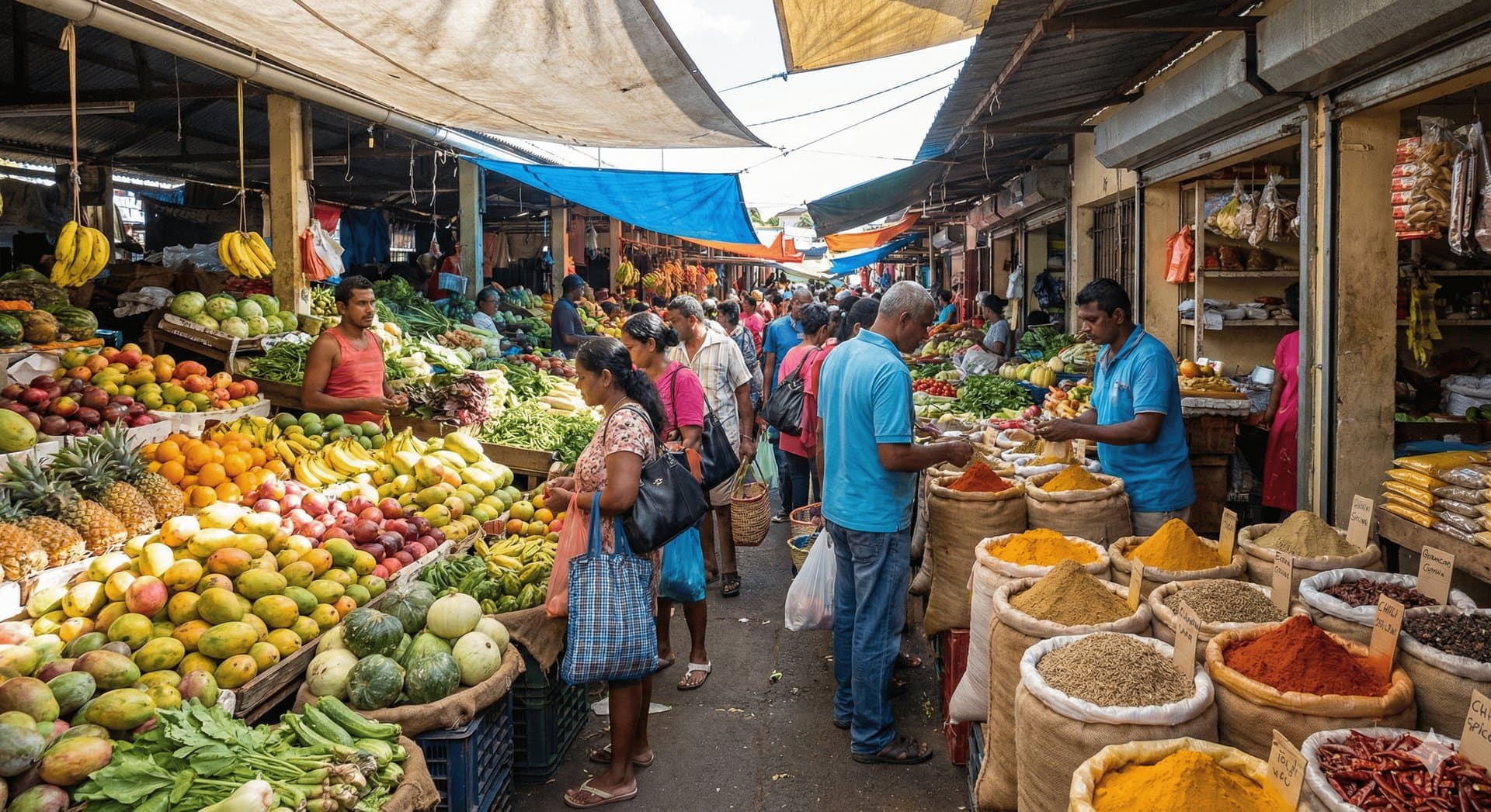 Grand marché de Flacq avec étals colorés de fruits, légumes et épices
