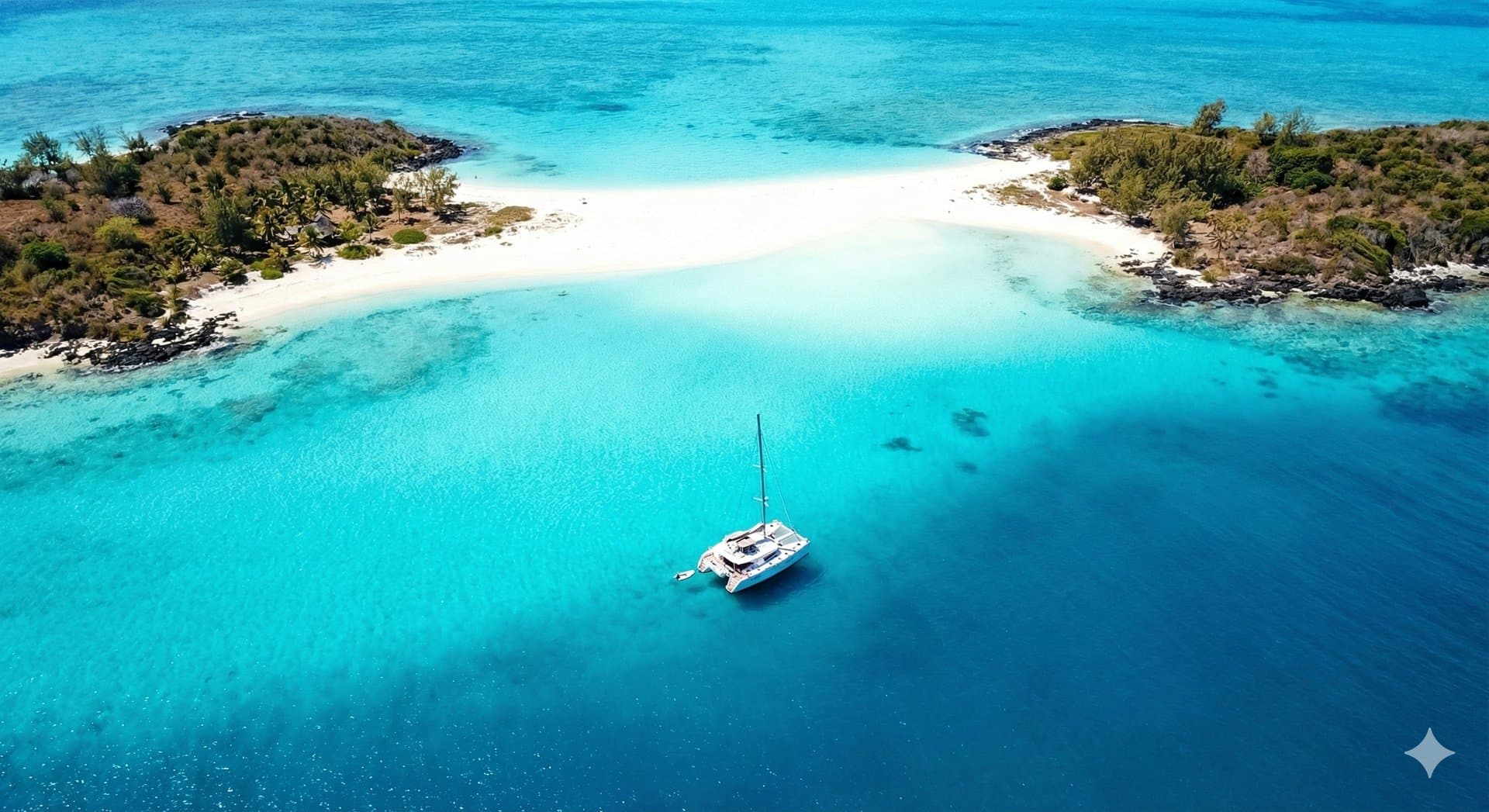 Vue aérienne de l'Île Plate et l'Île Gabriel avec leurs eaux turquoise