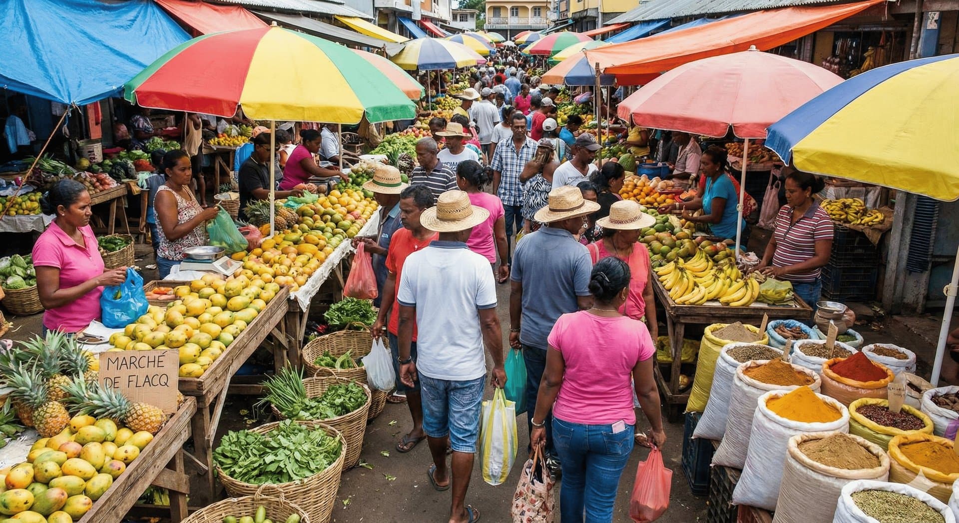Étals de fruits tropicaux colorés au marché de Flacq