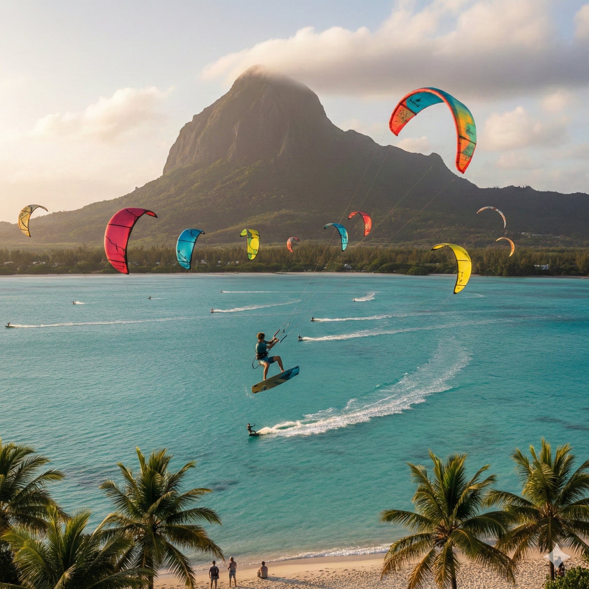 Kitesurfeur sur une vague à One Eye avec le Morne Brabant